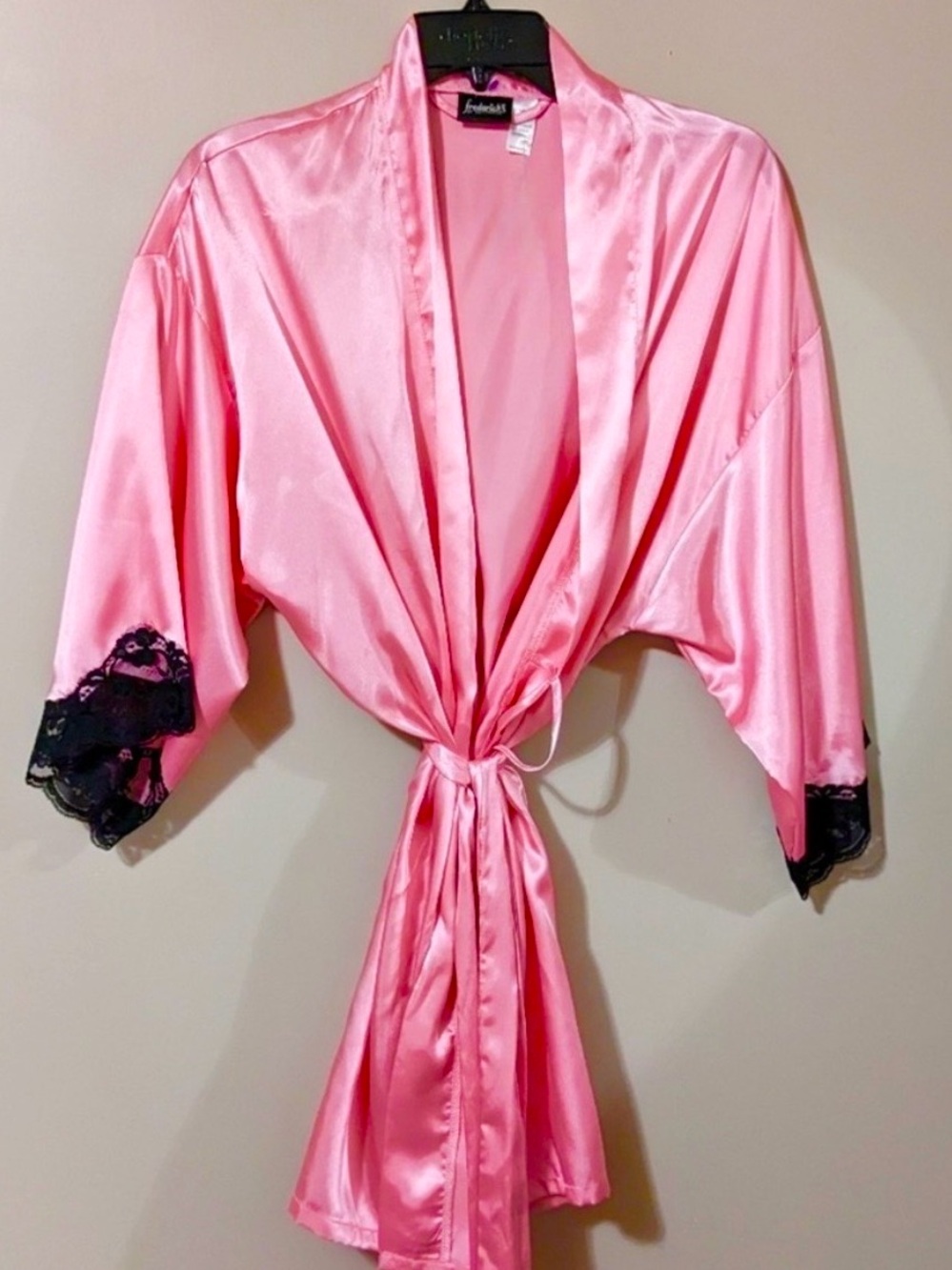 Frederick's of Hollywood Hot Pink Satin Robe with Black Lace Trim